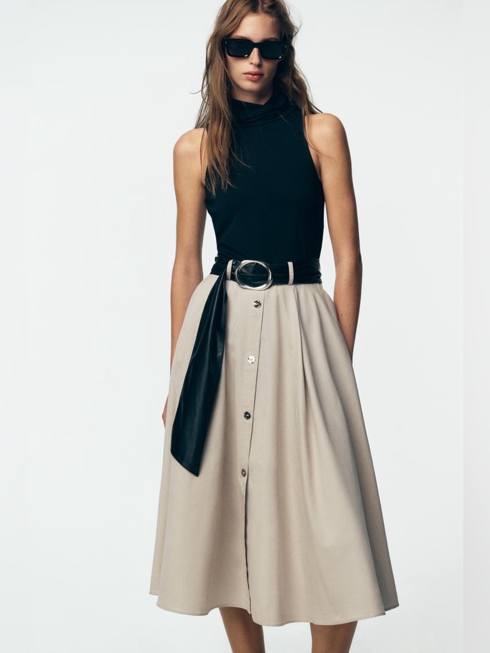 Zara Belt Combination Dress One Piece High Neck Black Ecru Trench Like Cotton L